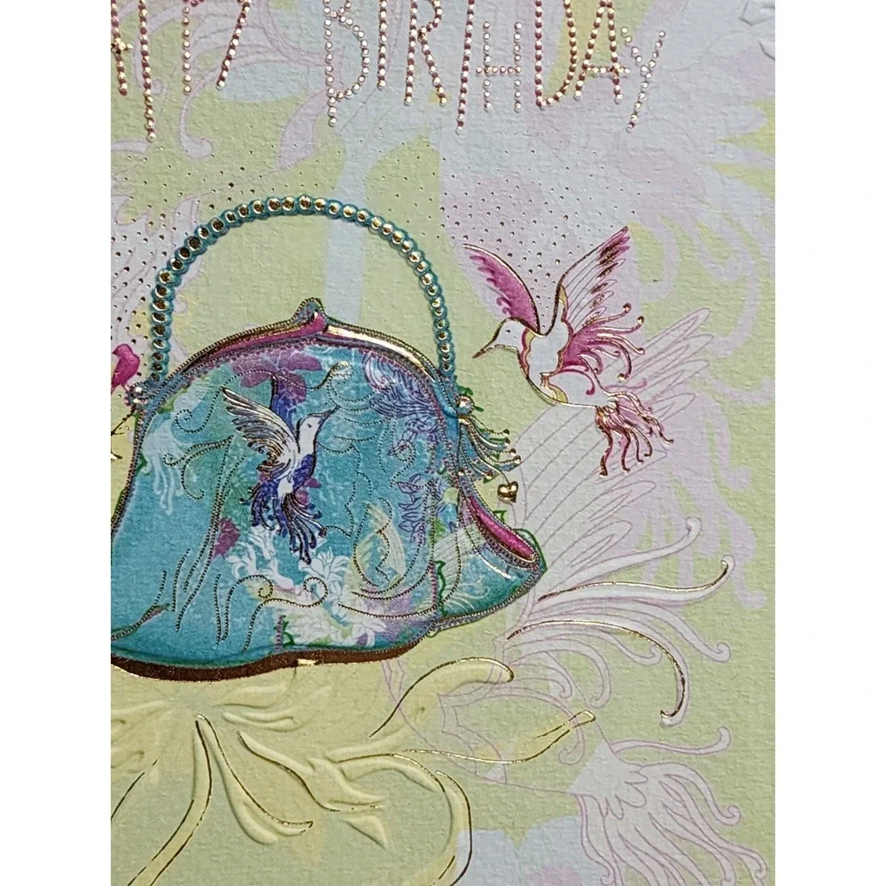 Papyrus RARE Turnowsky Embossed Hummingbird Purse Gold Trim Beaded Birthday Card